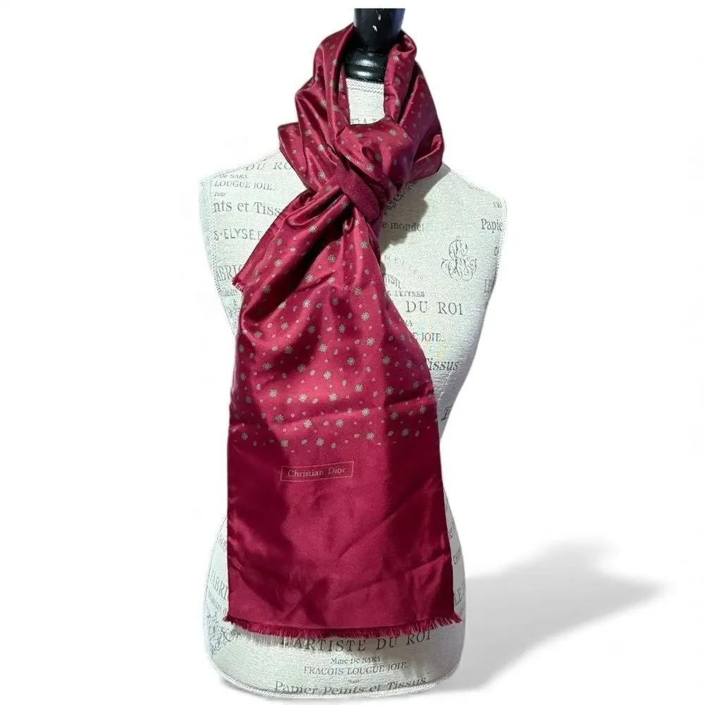 Vintage Christian Dior Reversible Silk and Wool Dark Red Printed Scarf 55” x 9”